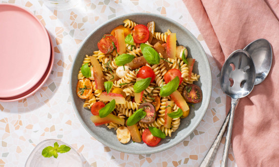 pasta with watermelon rind, tomatoes and cheese