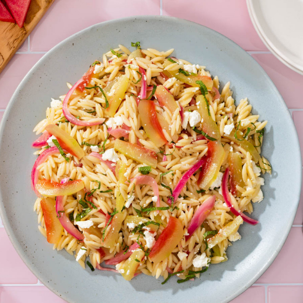 orzo pasta salad with pickled watermelon rind, pickled onions and feta