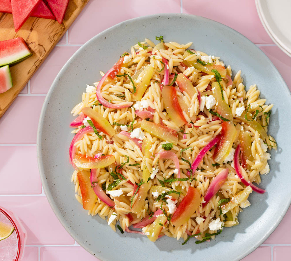 orzo pasta salad with pickled watermelon rind, pickled onions and feta