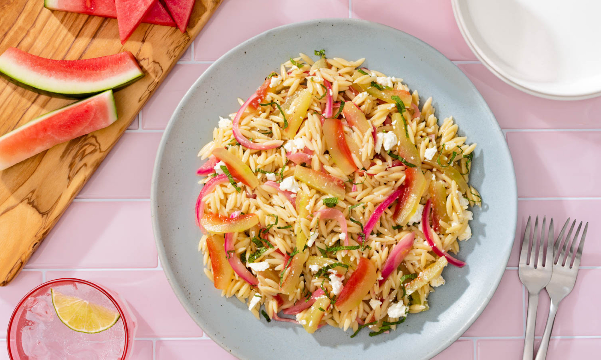 orzo pasta salad with pickled watermelon rind, pickled onions and feta