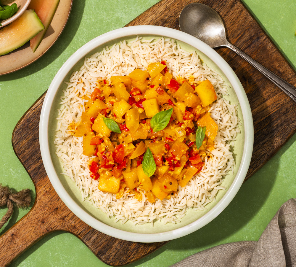 watermelon rind curry over rice with basil