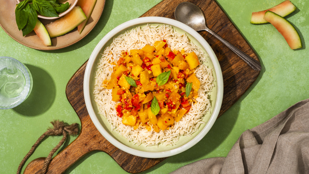 watermelon rind curry over rice with basil