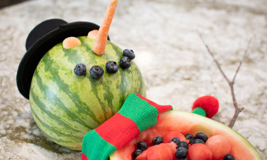 partial view of watermelon snowman