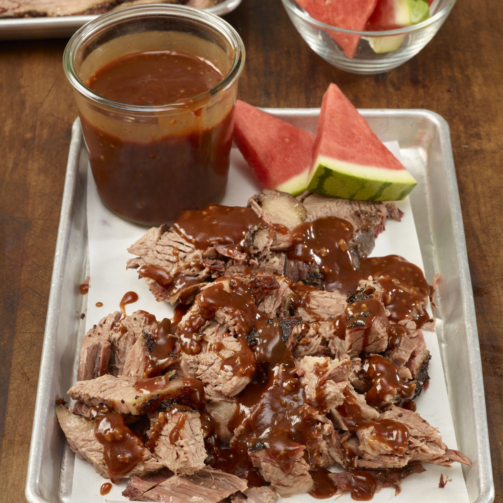 Brisket with watermelon bbq sauce and marinade with fresh watermelon slices