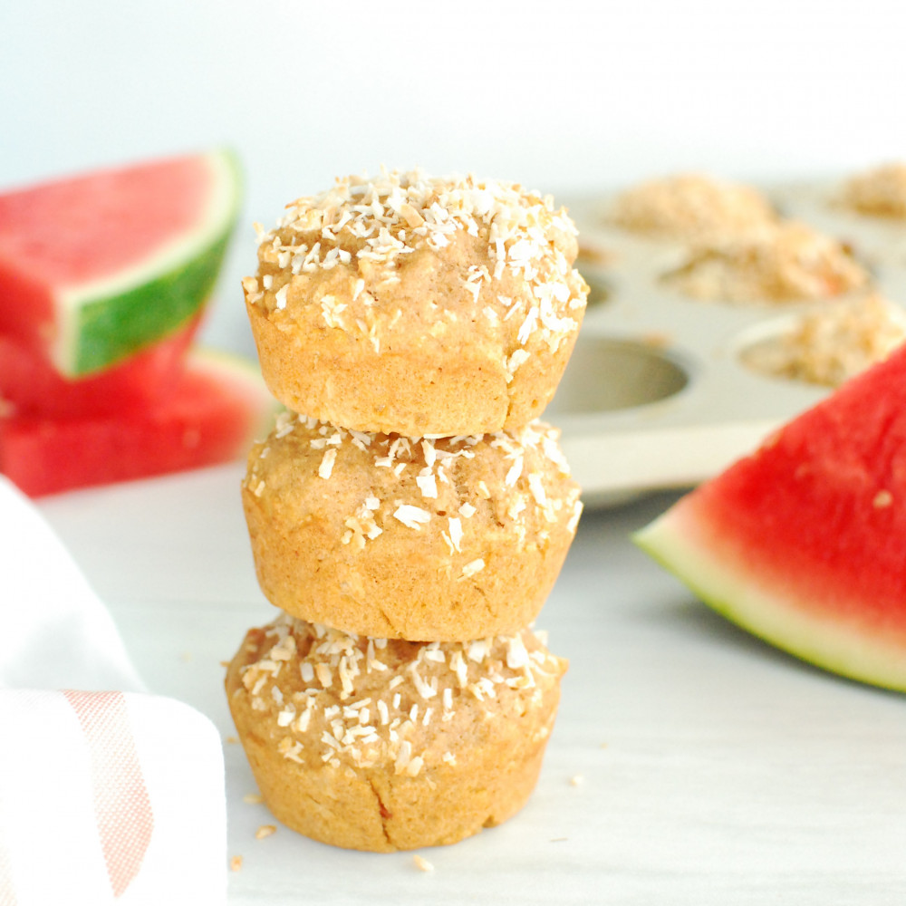 Three Coconut Watermelon Muffins on a plate