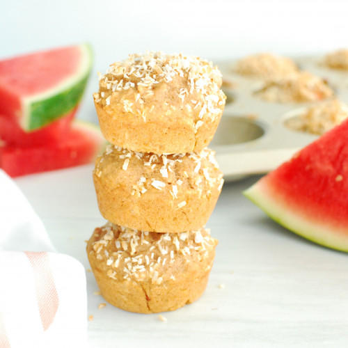 Three Coconut Watermelon Muffins on a plate