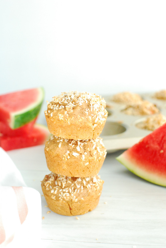 Three Coconut Watermelon Muffins on a plate