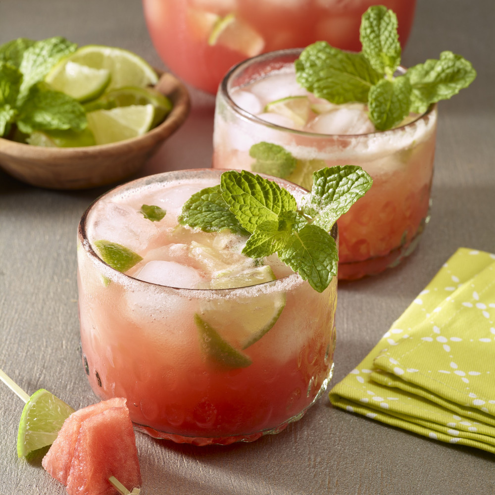 Watermelon, lime and mint mocktails with ice.