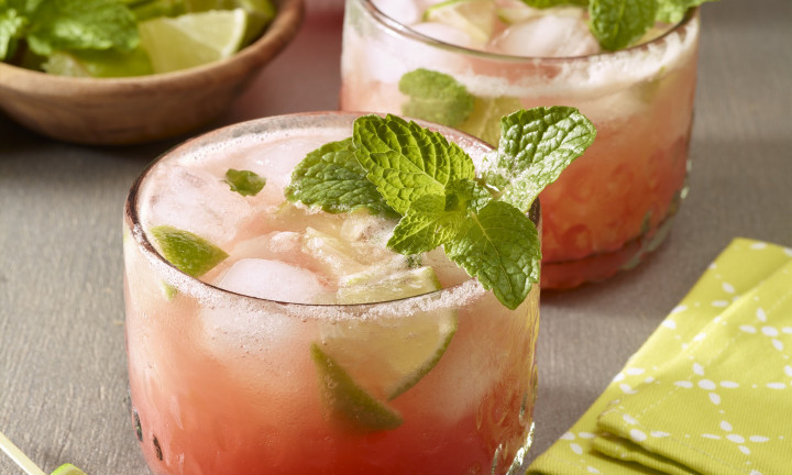 Watermelon, lime and mint mocktails with ice.