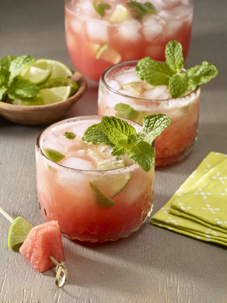 Watermelon, lime and mint mocktails with ice.
