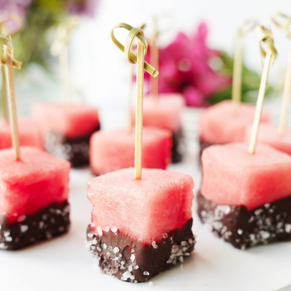 Chocolate Covered Watermelon with sea salt on toothpicks