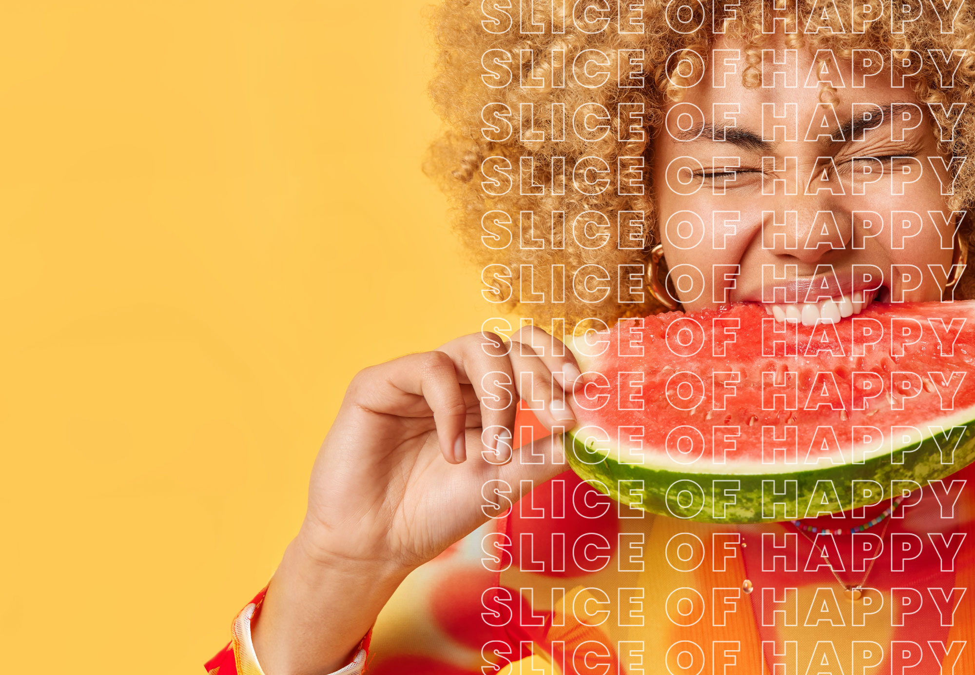 Happy woman biting into watermelon slice with Slice of Happy words overlaid
