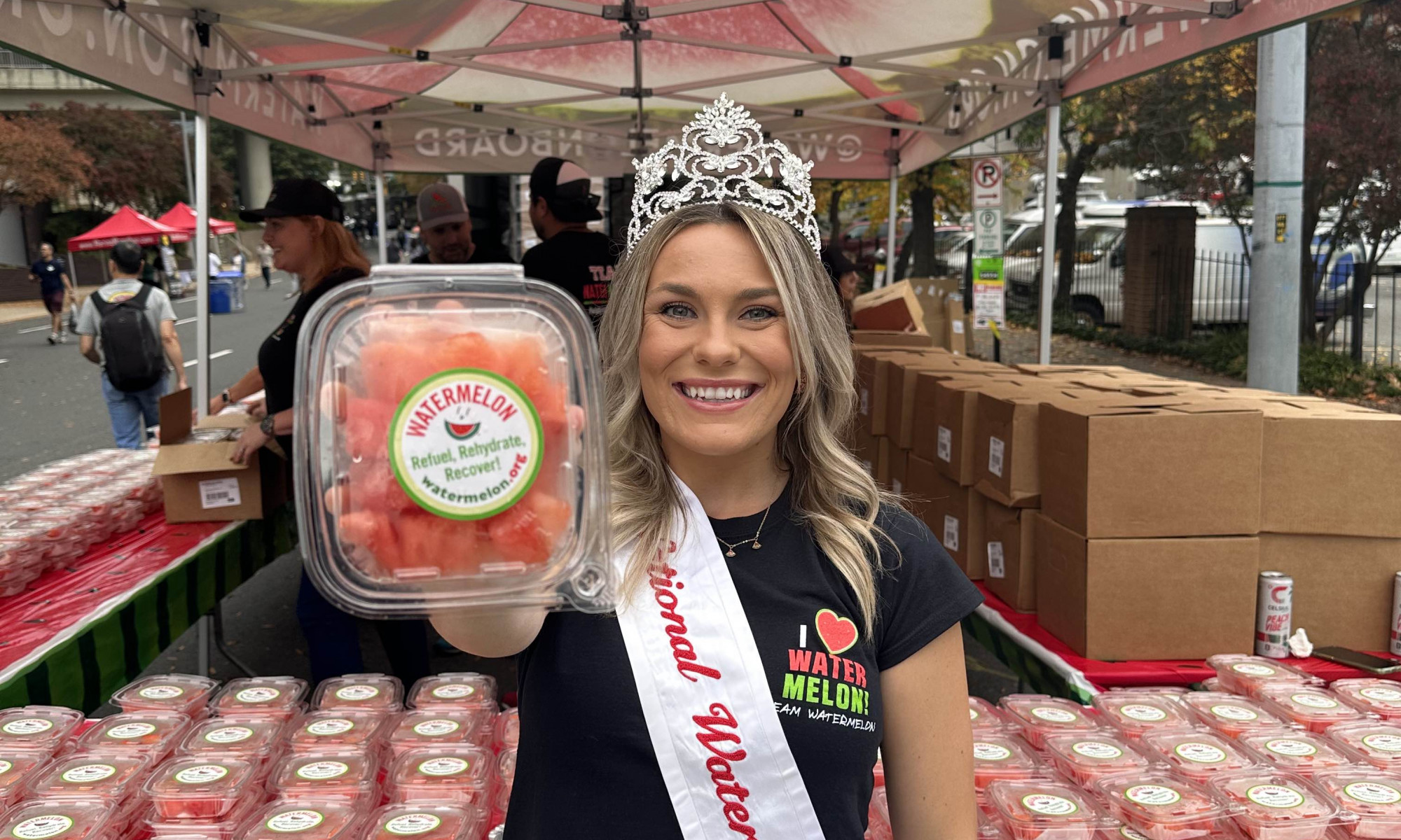 Queen Olivia with watermelon at Marine Corps Marathon