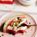 Watermelon with Whipped Feta and Honey Pistachios and fork