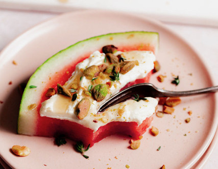 Watermelon with Whipped Feta and Honey Pistachios and fork