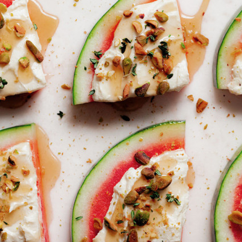 Watermelon with Whipped Feta with Honey Pistachios