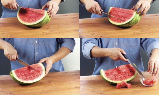 four smaller images steps to take to cut watermelon cubes out of a wedge