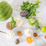 Ingredients for Watermelon Flight recipe in bowls with mini watermelon on a white marble background