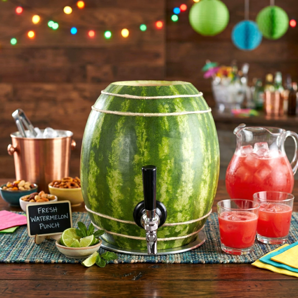 Watermelon carved into a keg containing fresh watermelon punch on a tablescape with pitcher and glasses of watermelon juice
