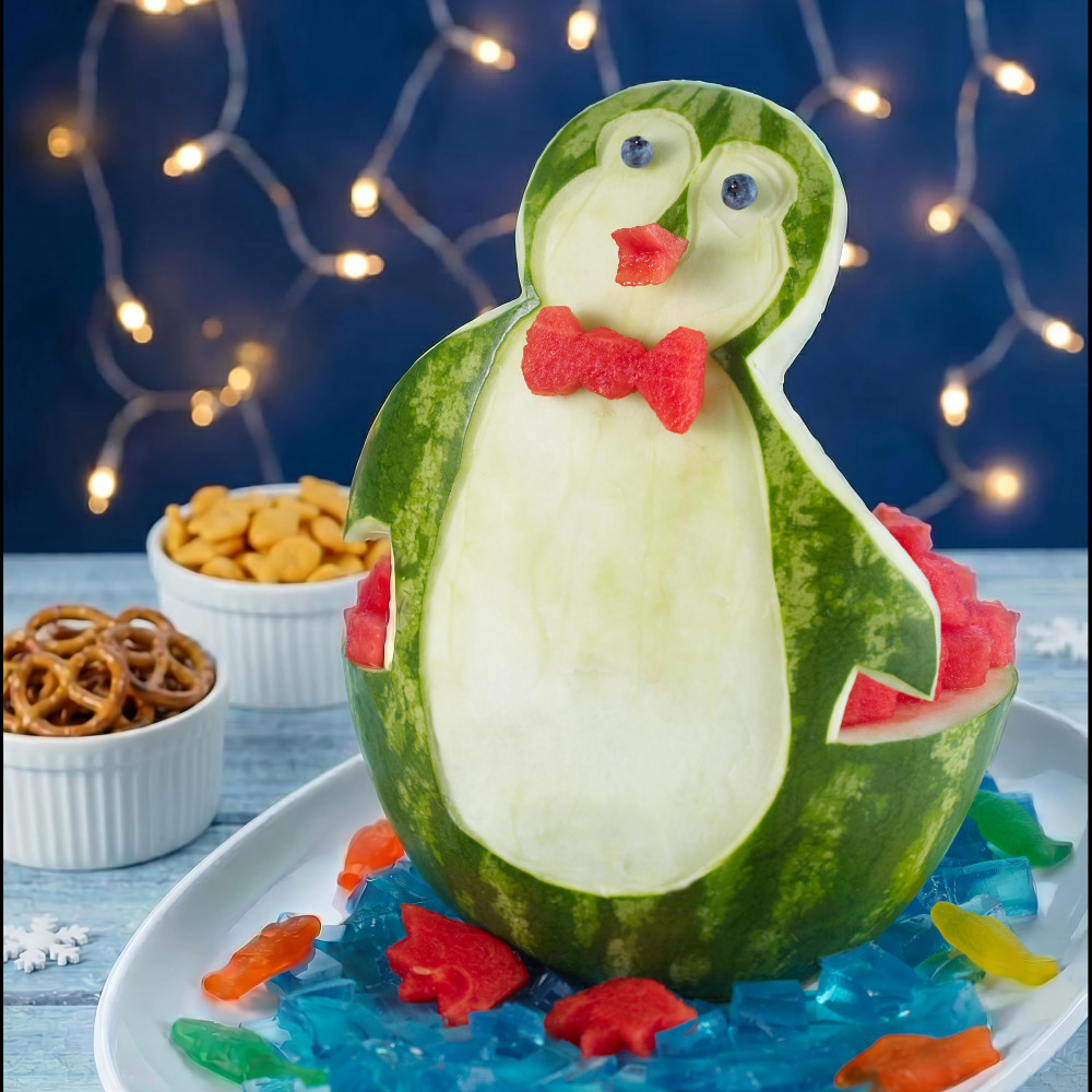 Watermelon carved into a penguin on top of try with blue and multicolored gummies on a light blue tablescape with bowls of goldfish and pretzels