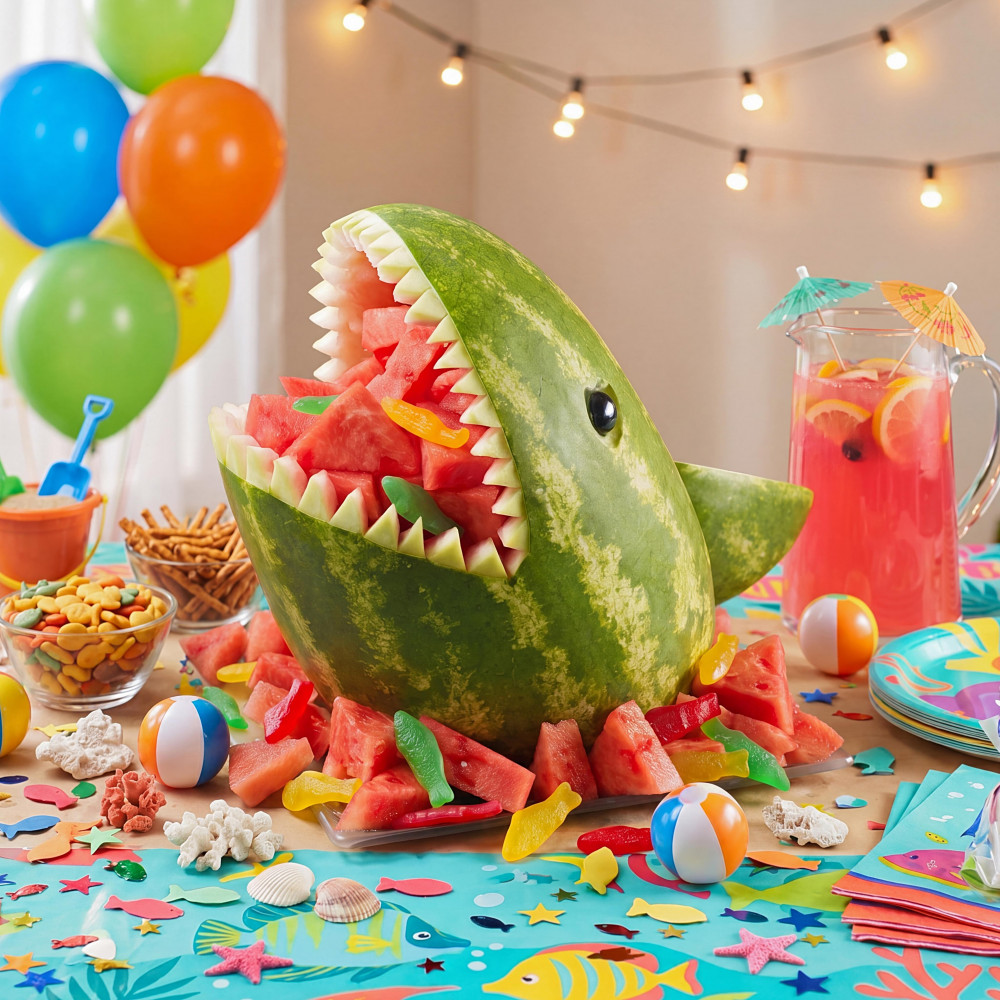 Watermelon carved into a shark head appearing to come out of the table filled with watermelon and fish gummies. Table is filled with party favors, beach trinkets and bowls of pretzels and gold fish next to pitches of watermelon juice. Balloons are in the background.