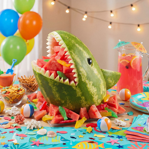 Watermelon carved into a shark head appearing to come out of the table filled with watermelon and fish gummies. Table is filled with party favors, beach trinkets and bowls of pretzels and gold fish next to pitches of watermelon juice. Balloons are in the background.