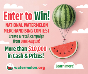 Watermelon Board's 18th Annual Retail Merchandising Contest flyer. It has a pink background and green and red font with a watermelon hot air balloon and watermelon slice.